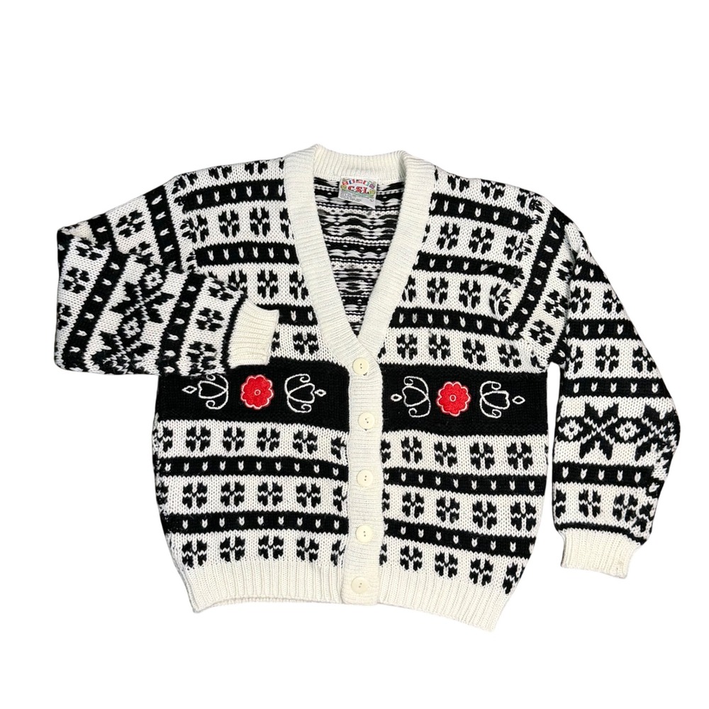 Vintage‎ 90s CSL Cardigan L Black White Floral Embroidered Knit Grandma Core Y2k